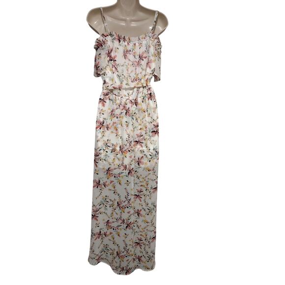 As U Wish Womens Romper Dress Large White Floral Print Cold Shoulder Hi-Low Maxi - Picture 2 of 9